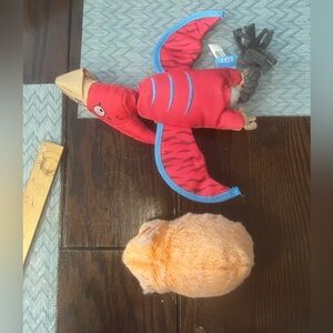 Bark Dog Toys (2 Toys)- Red and Blue Pterosaur & Orange Plush